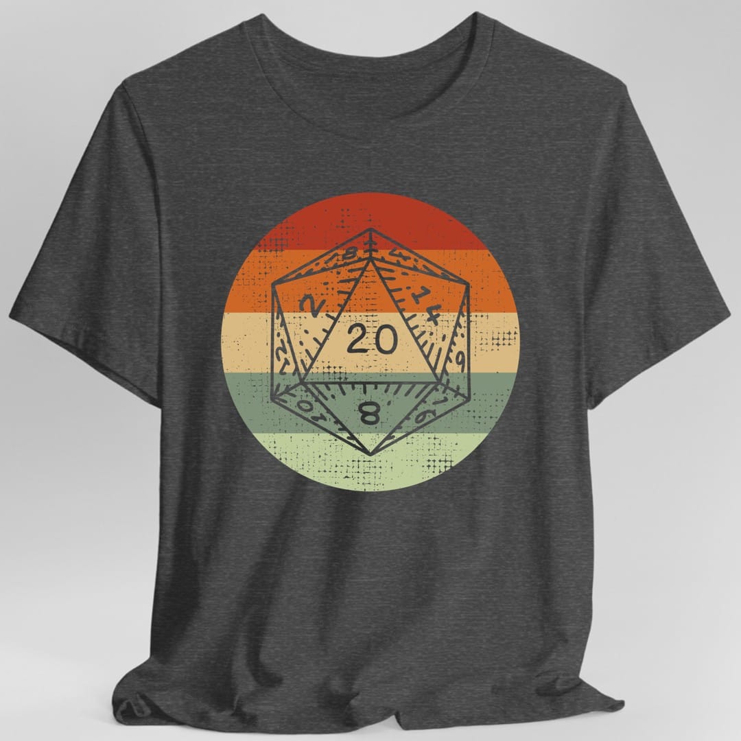 The same D20 Retro Sunset circle design, on a dark heather t-shirt.