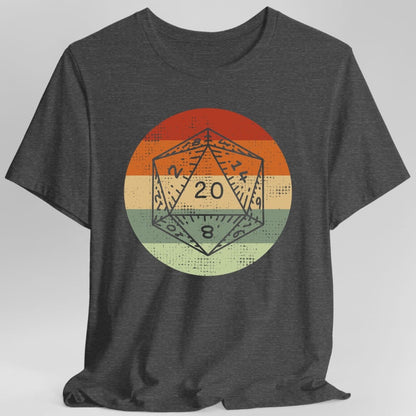 The same D20 Retro Sunset circle design, on a dark heather t-shirt.