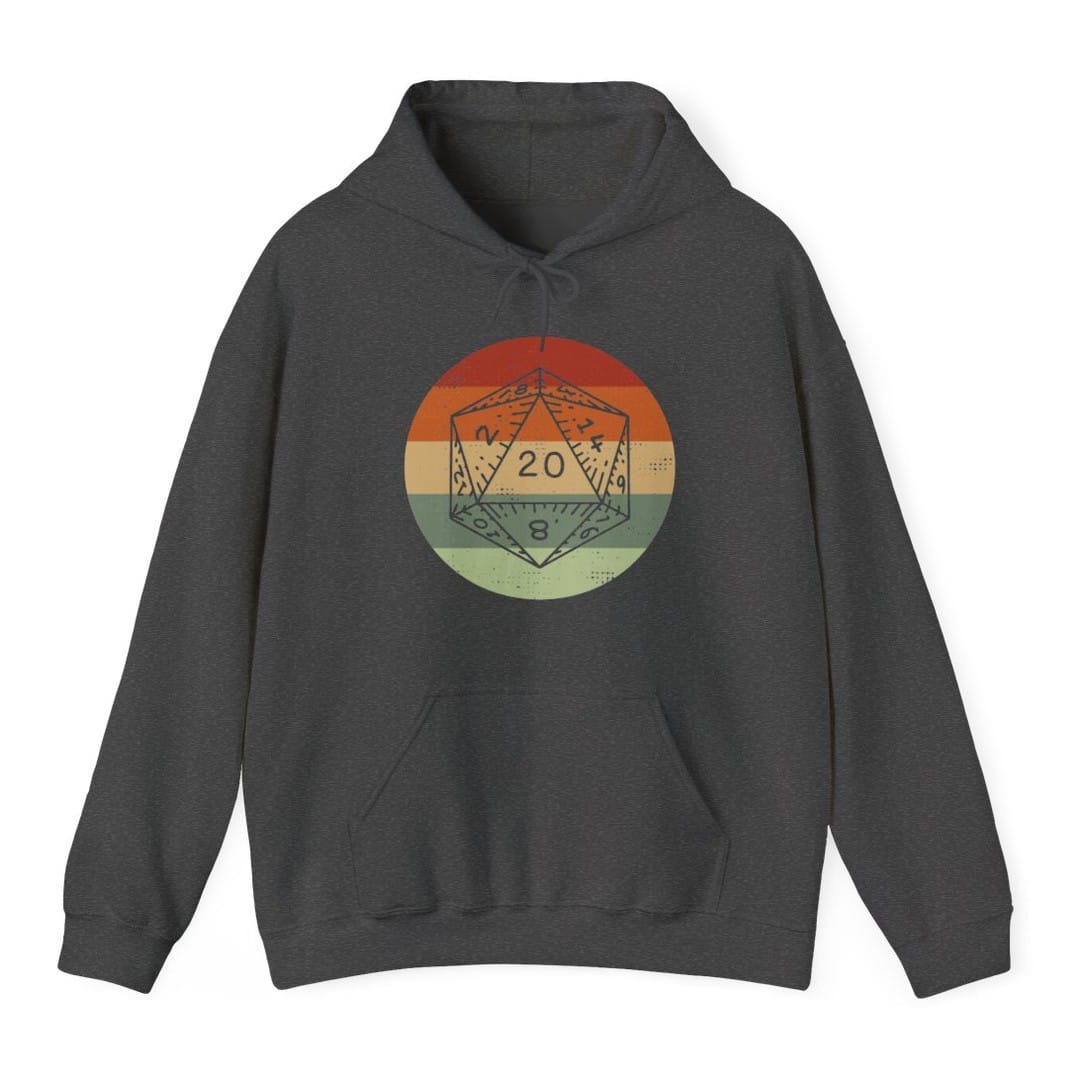 The same D20 Retro Sunset circle design, on a dark heather hoodie.
