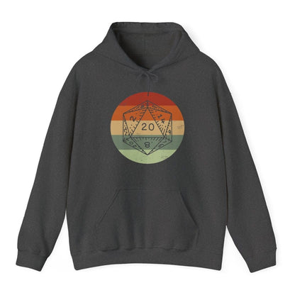 The same D20 Retro Sunset circle design, on a dark heather hoodie.