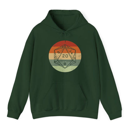 The same D20 Retro Sunset circle design, on a forest green hoodie.