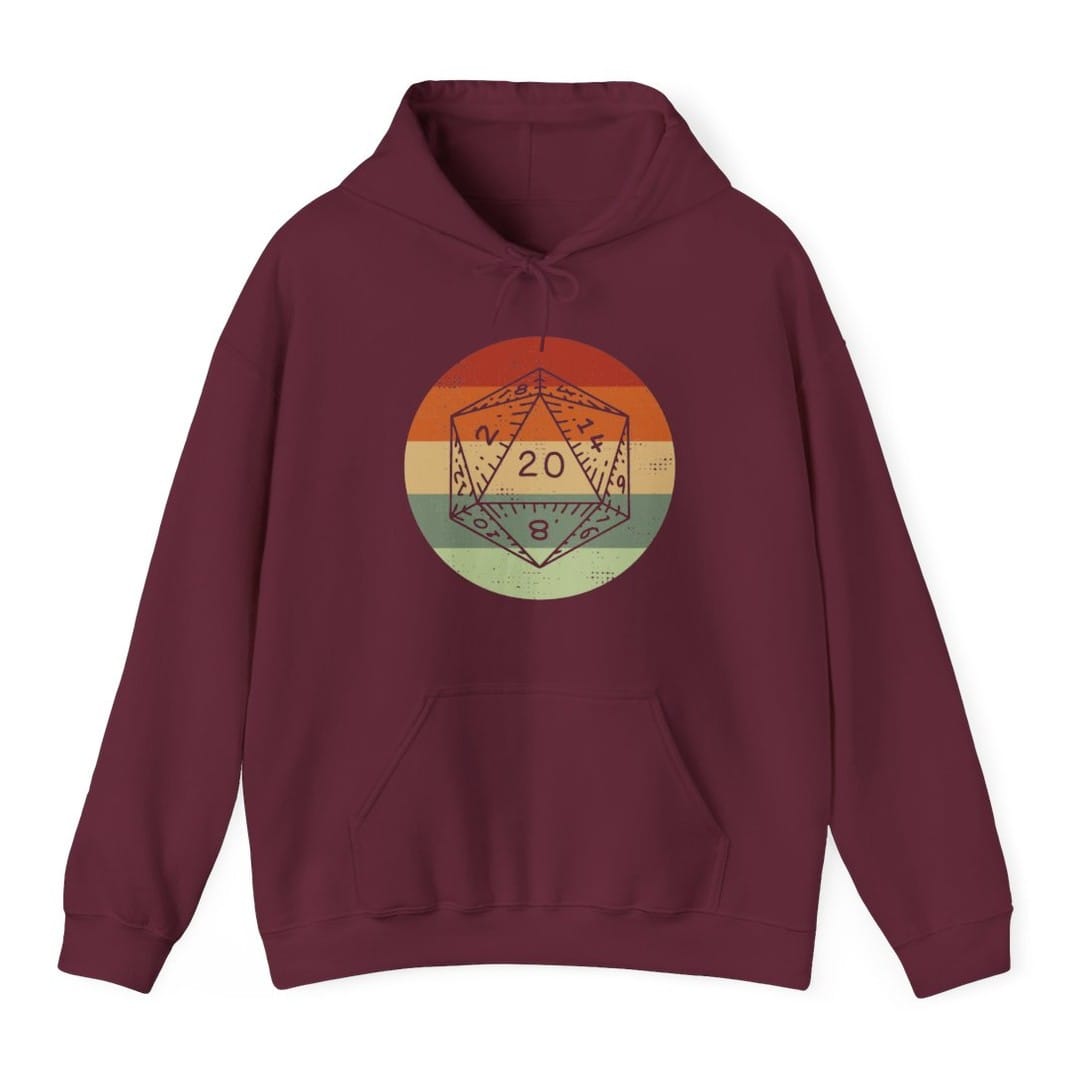 The same D20 Retro Sunset circle design, on a maroon hoodie.