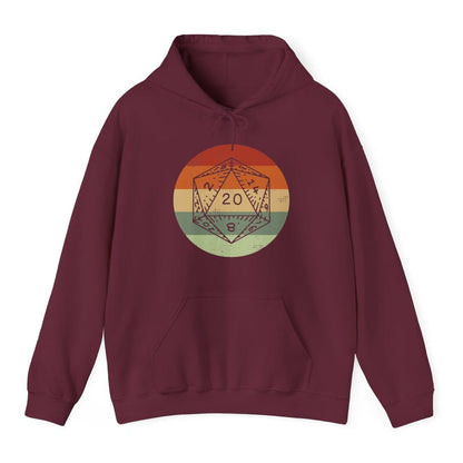 The same D20 Retro Sunset circle design, on a maroon hoodie.