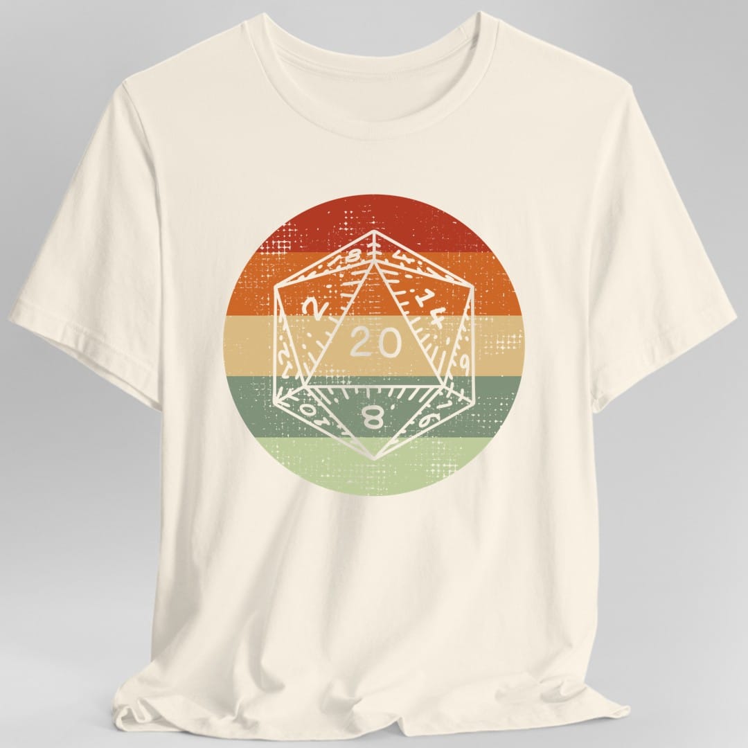 The same D20 Retro Sunset circle design, on a natural t-shirt.