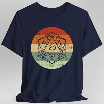 The same D20 Retro Sunset circle design, on a navy t-shirt.