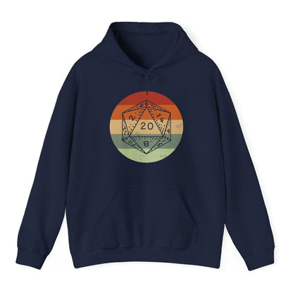 The same D20 Retro Sunset circle design, on a navy hoodie.