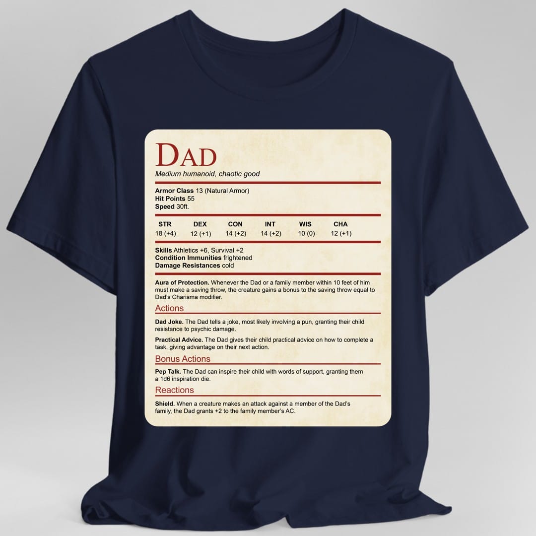 Printify T-Shirt Navy / S DnD Dad Shirt With Stat Block