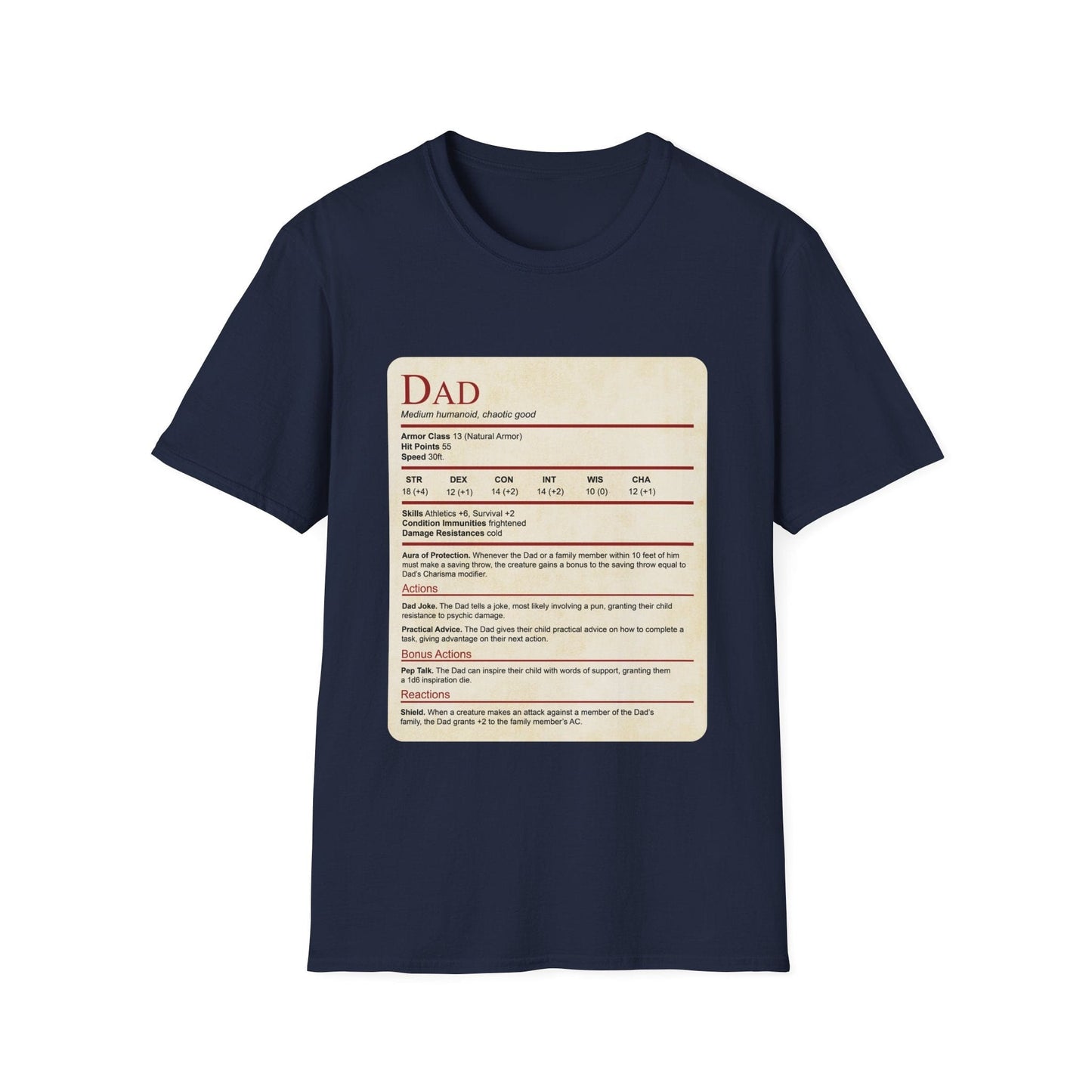 Printify T-Shirt Navy / XS DnD Dad Shirt With Stat Block (new)