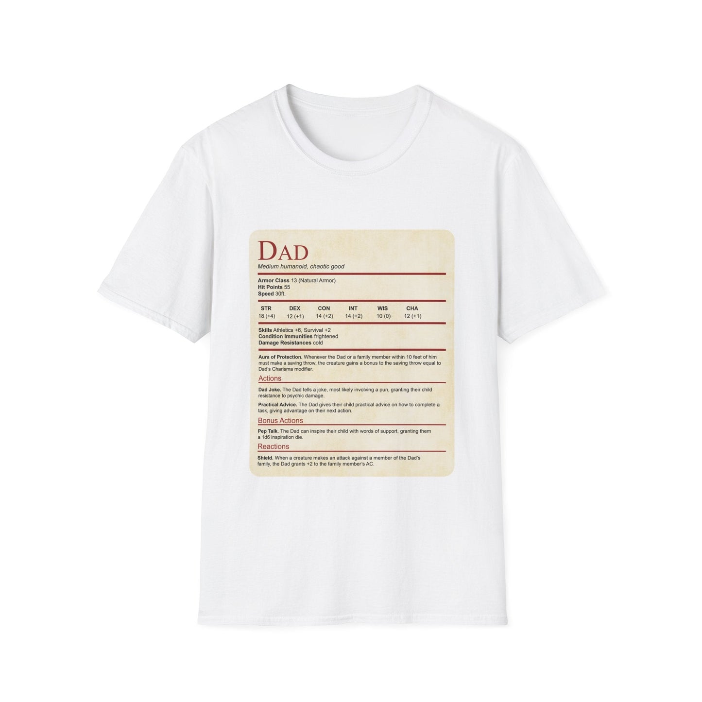 Printify T-Shirt White / XS DnD Dad Shirt With Stat Block (new)