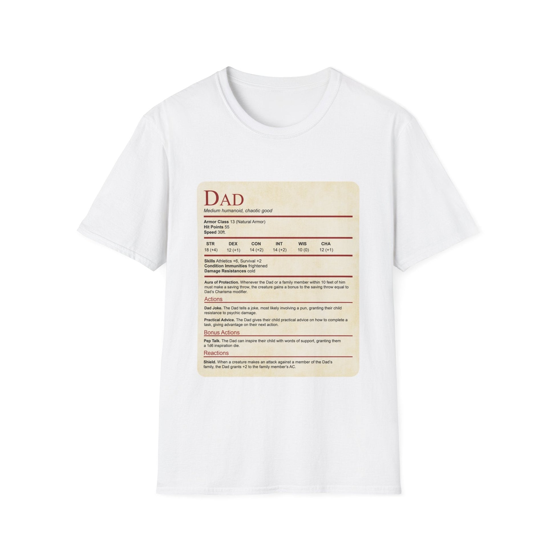Printify T-Shirt White / XS DnD Dad Shirt With Stat Block (new)