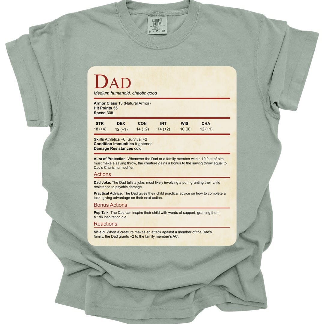 The same Dad stat block design, on a bay t-shirt.