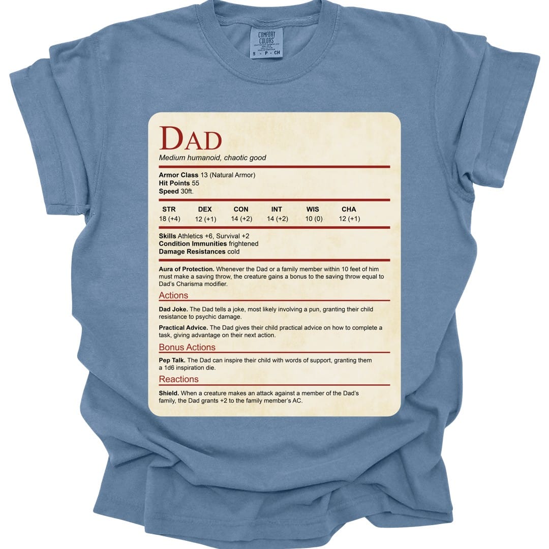 The same Dad stat block design, on a blue jean t-shirt.