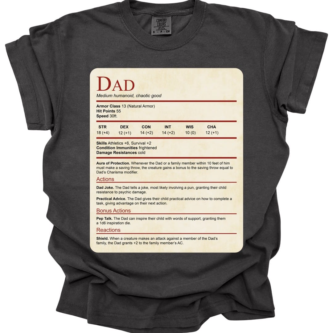 The same Dad stat block design, on a pepper t-shirt.