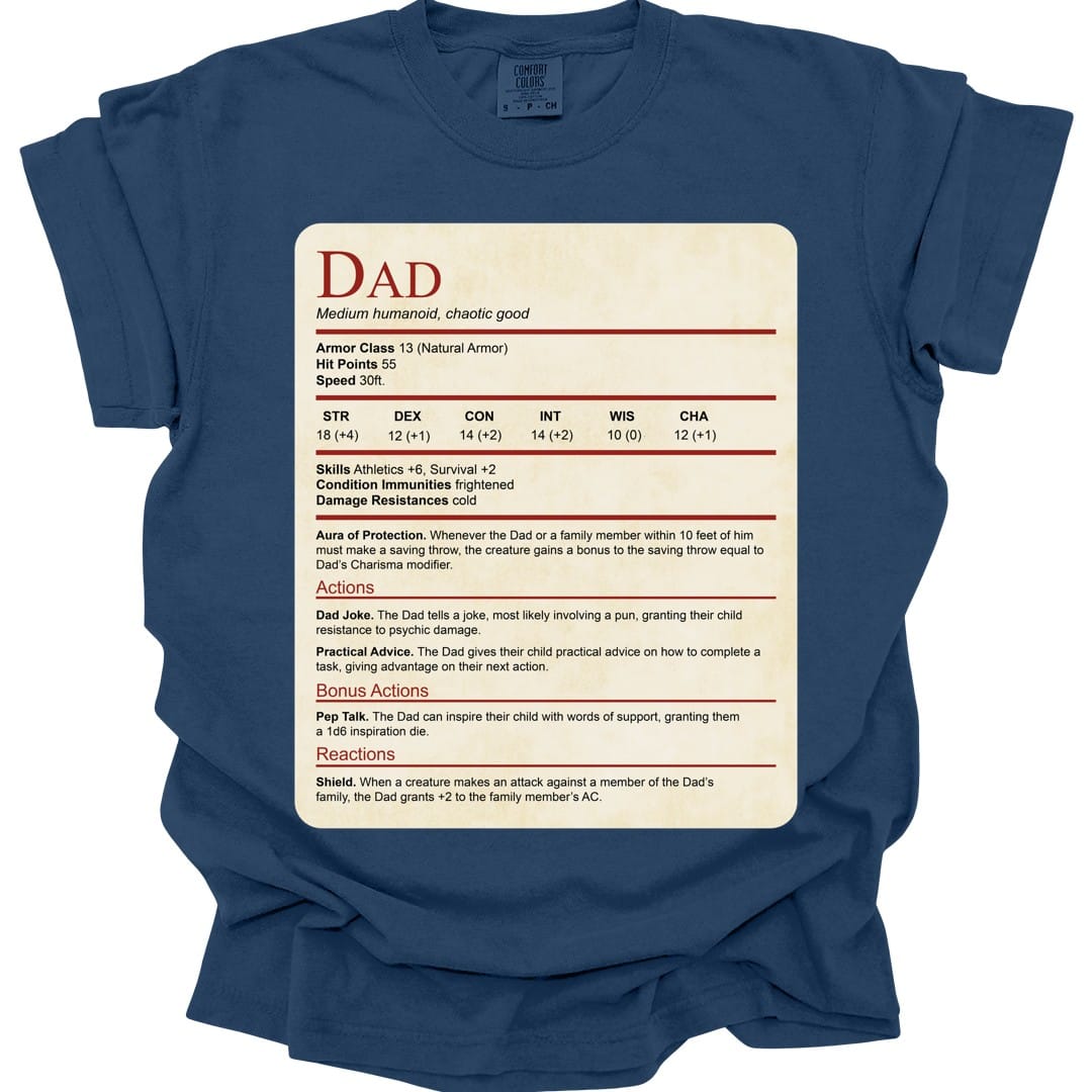 The same Dad stat block design, on a true navy t-shirt.