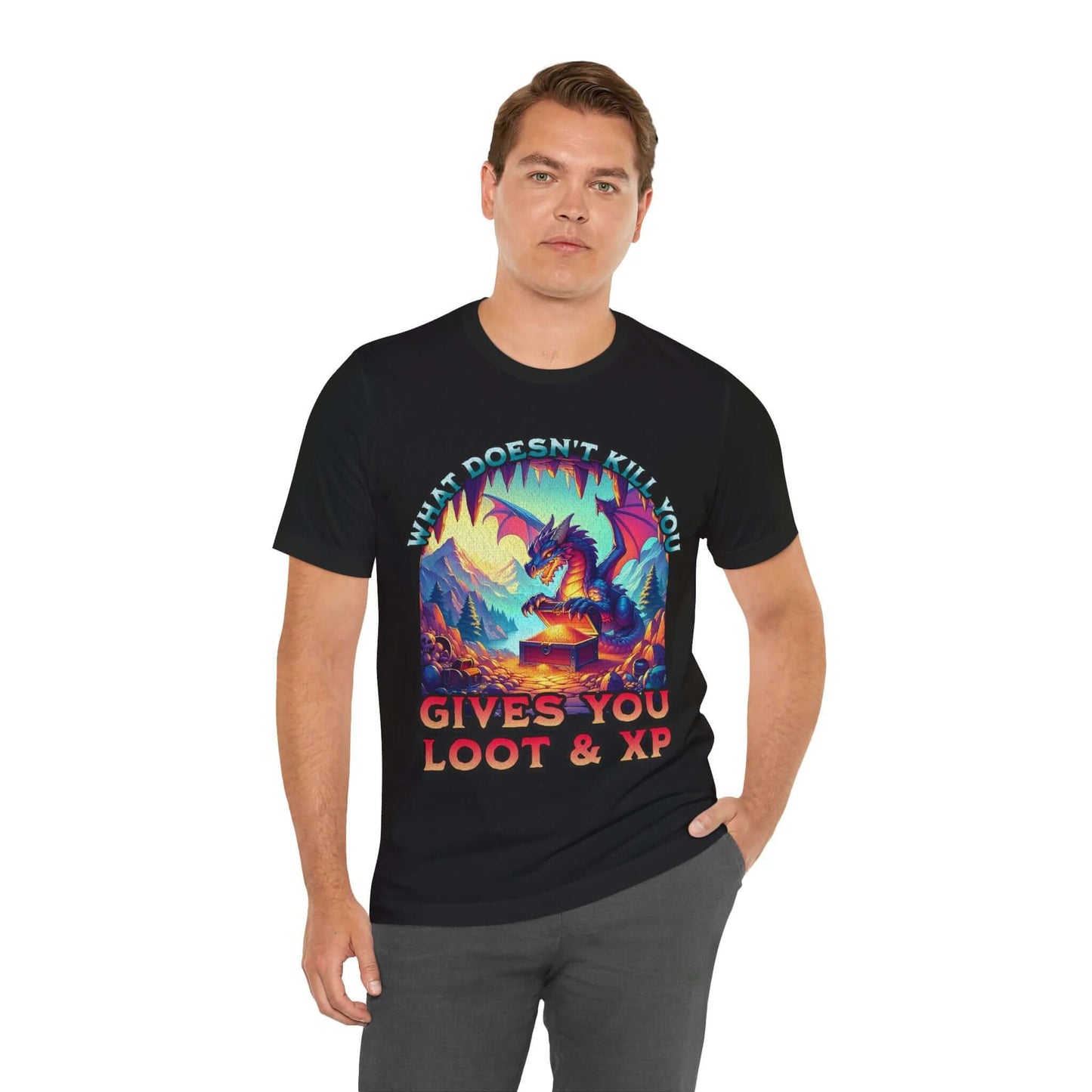 Printify T-Shirt DnD Dragon Shirt - What Doesn't Kill You Gives You Loot & XP