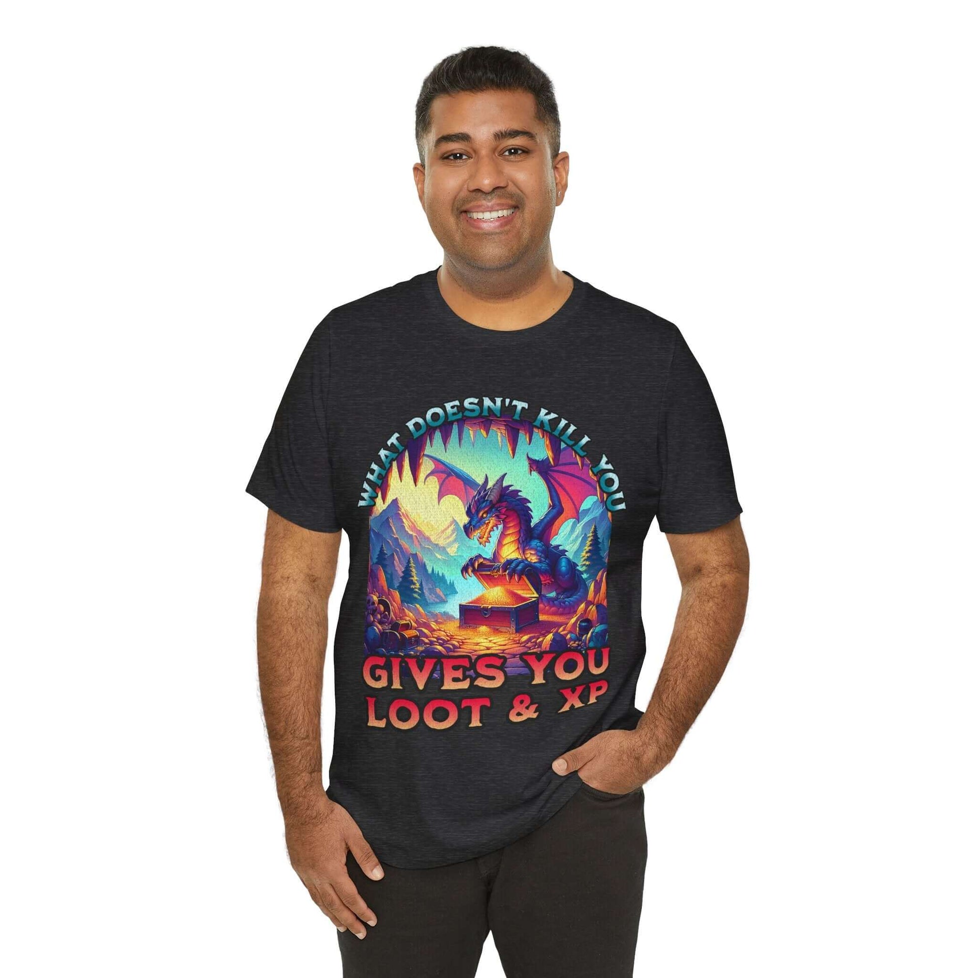 Printify T-Shirt DnD Dragon Shirt - What Doesn't Kill You Gives You Loot & XP