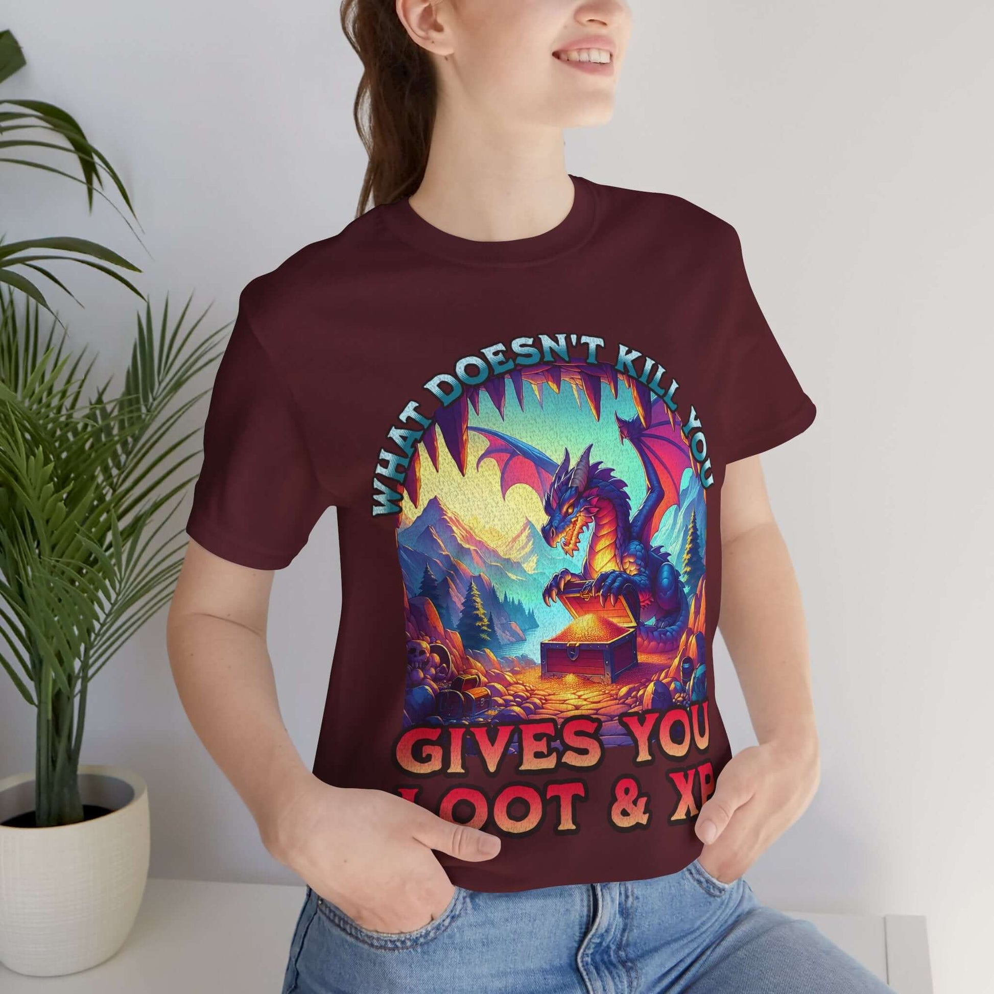 Printify T-Shirt DnD Dragon Shirt - What Doesn't Kill You Gives You Loot & XP