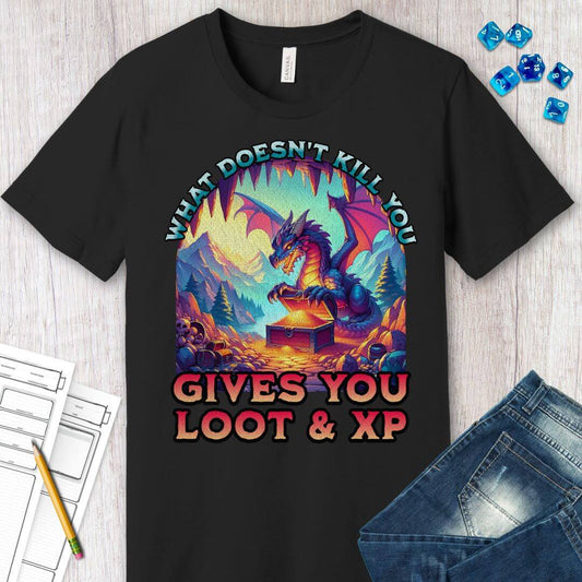 Printify T-Shirt DnD Dragon Shirt - What Doesn't Kill You Gives You Loot & XP