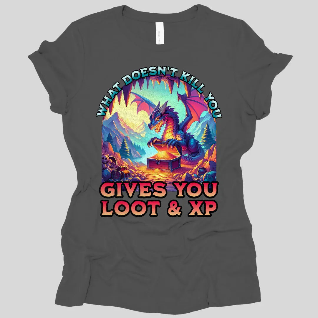 Printify T-Shirt Asphalt / S DnD Dragon Women's T-shirt - What Doesn't Kill You Gives You Loot & XP