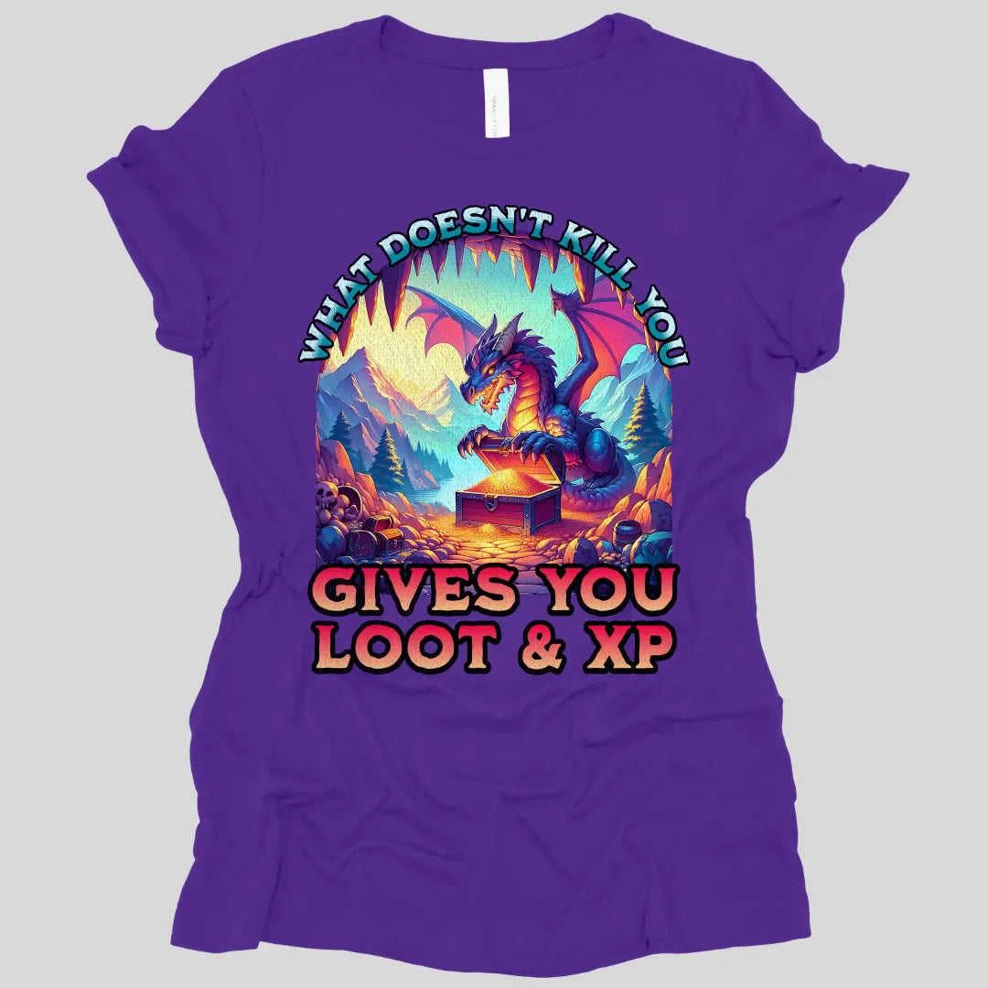 Printify T-Shirt Team Purple / S DnD Dragon Women's T-shirt - What Doesn't Kill You Gives You Loot & XP