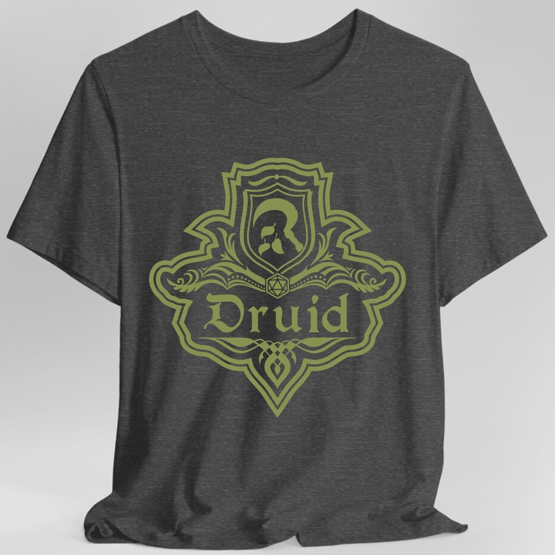 The same Druid one-color emblem design, on a dark heather t-shirt.