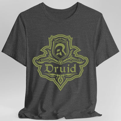 The same Druid one-color emblem design, on a dark heather t-shirt.
