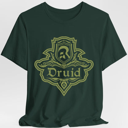 The same Druid one-color emblem design, on a forest green t-shirt.