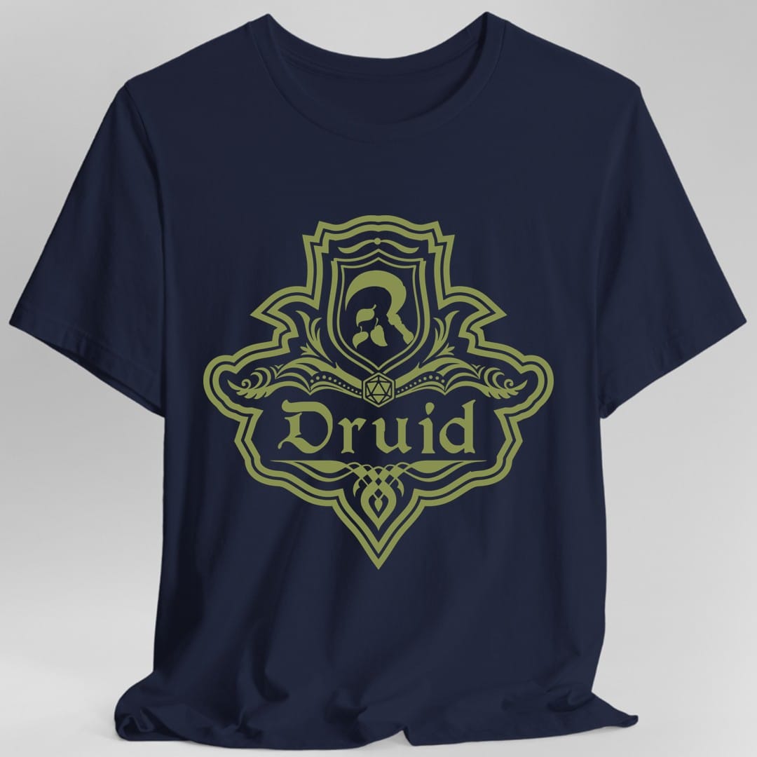 The same Druid one-color emblem design, on a navy t-shirt.