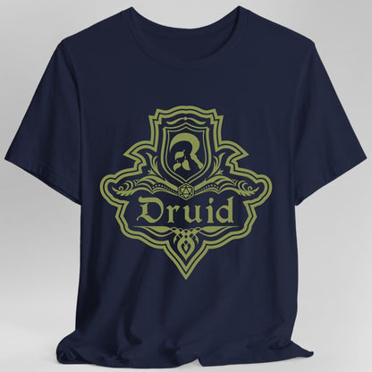 The same Druid one-color emblem design, on a navy t-shirt.
