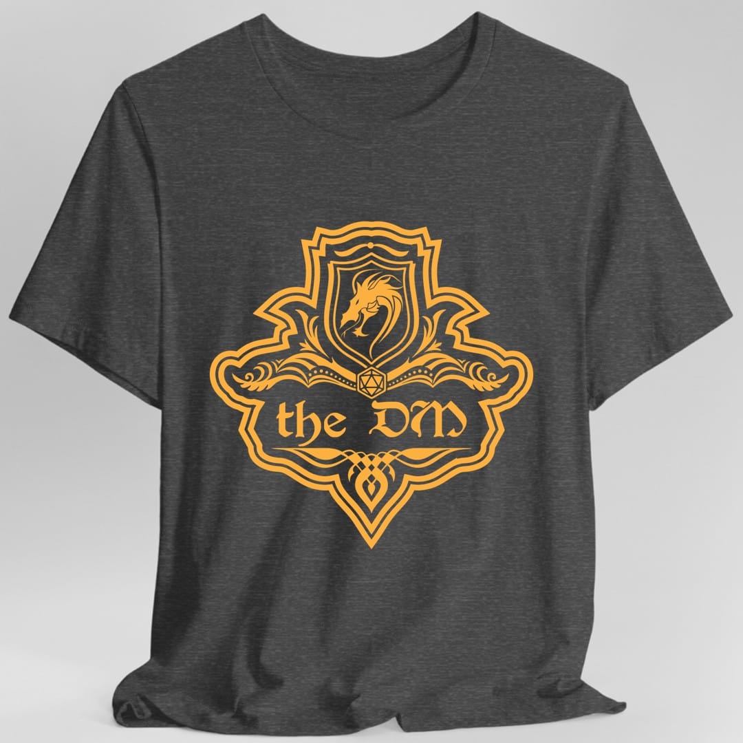 The same DM one-color emblem design, on a dark heather t-shirt.