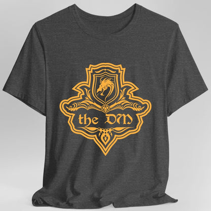 The same DM one-color emblem design, on a dark heather t-shirt.