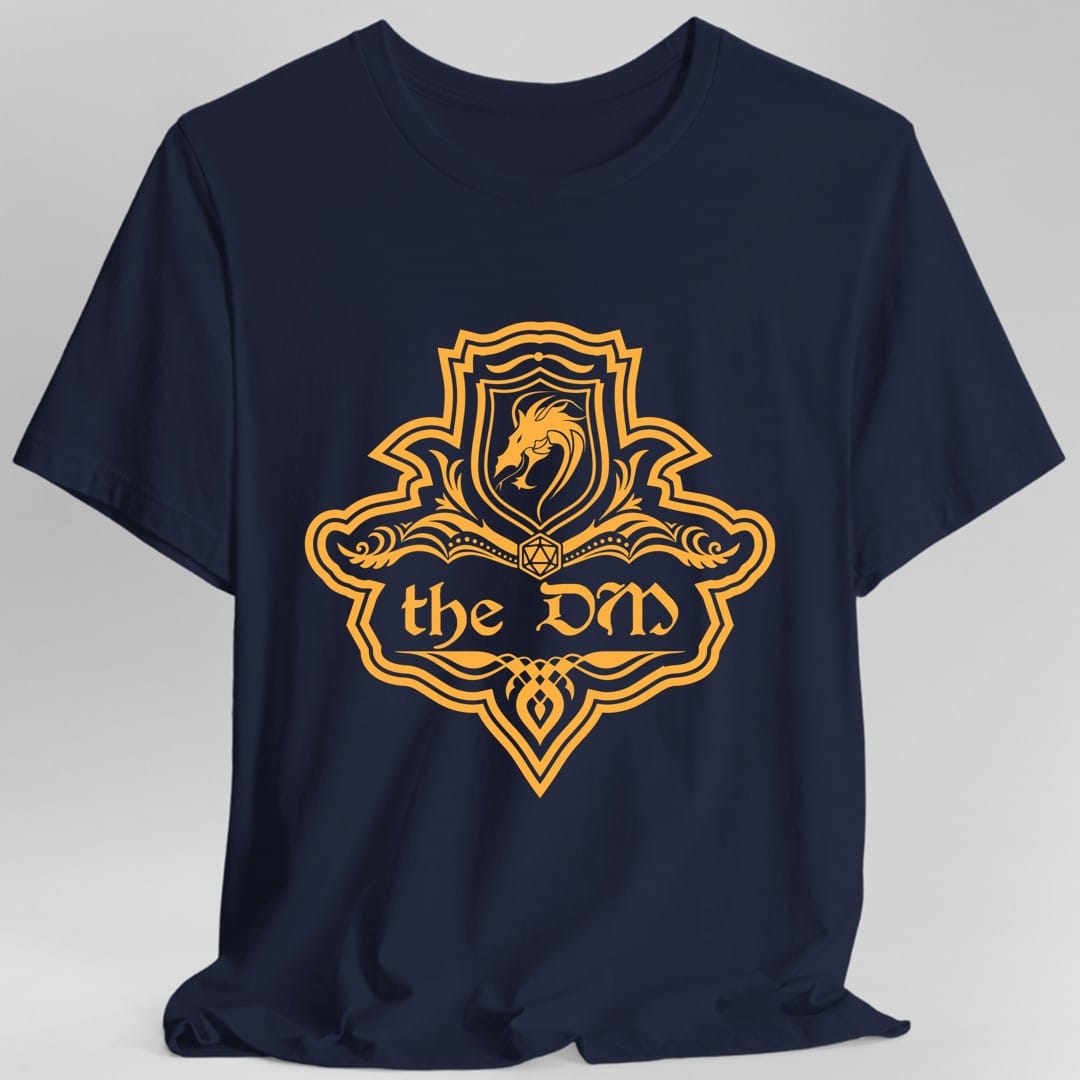 The same DM one-color emblem design, on a navy t-shirt.