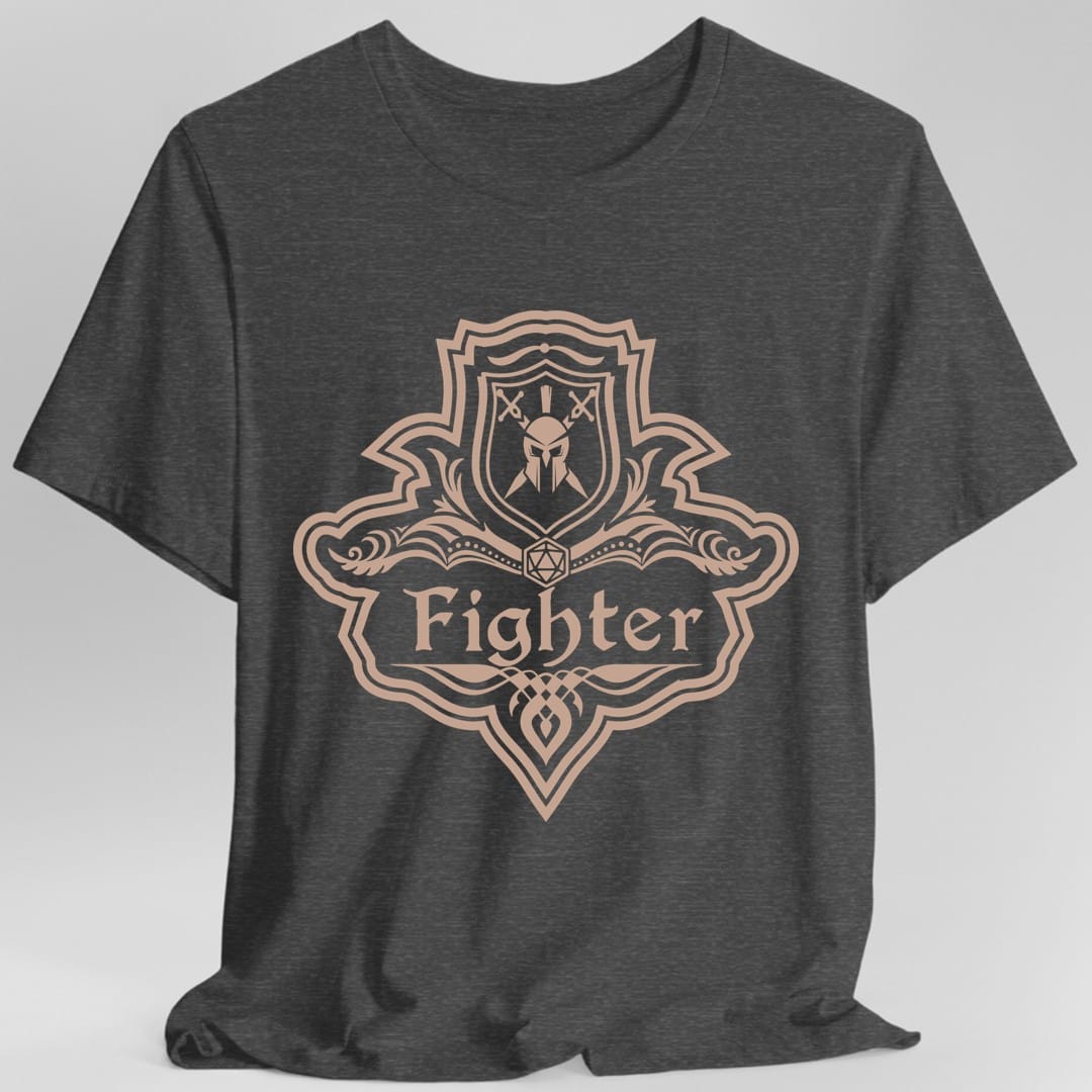 The same Fighter one-color emblem design, on a dark heather t-shirt.