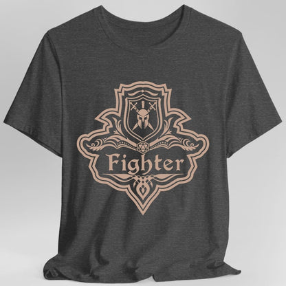 The same Fighter one-color emblem design, on a dark heather t-shirt.