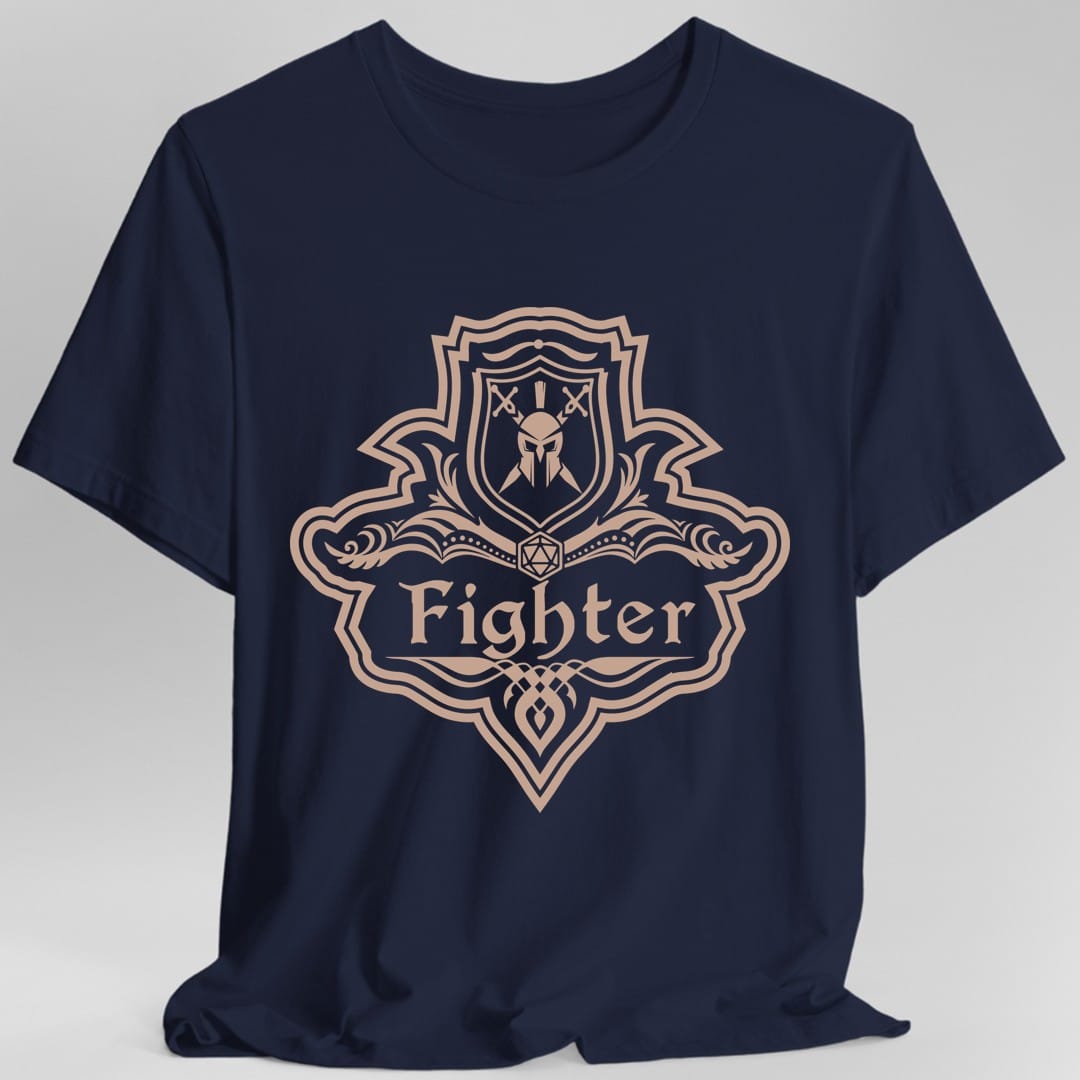 The same Fighter one-color emblem design, on a navy t-shirt.