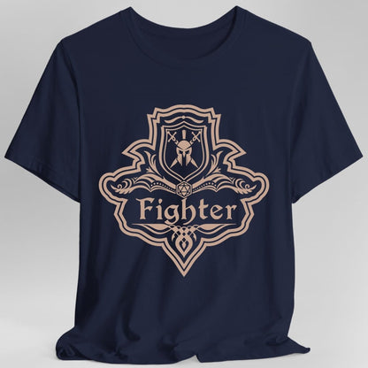 The same Fighter one-color emblem design, on a navy t-shirt.