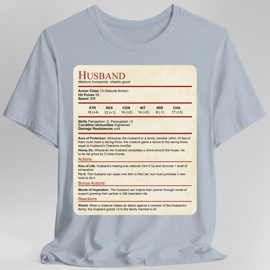 The same Husband stat block design, on a light blue t-shirt.