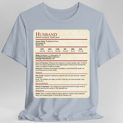 The same Husband stat block design, on a light blue t-shirt.