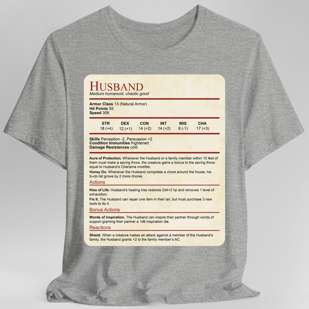 The same Husband stat block design, on a sport grey t-shirt.