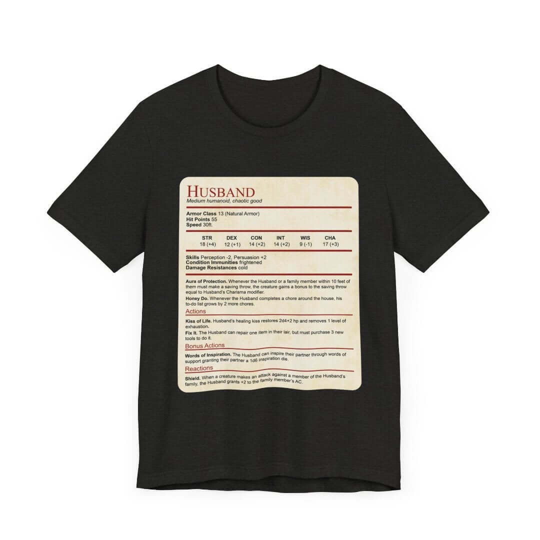 Printify T-Shirt Black Heather / XS DnD Husband Stat Block T-Shirt