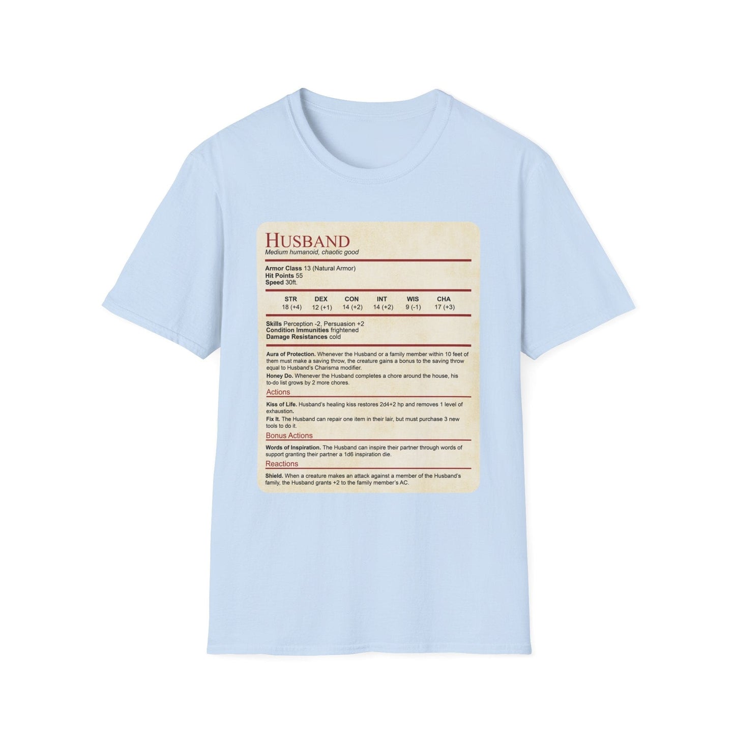 Printify T-Shirt Light Blue / S DnD Husband Stat Block T-Shirt