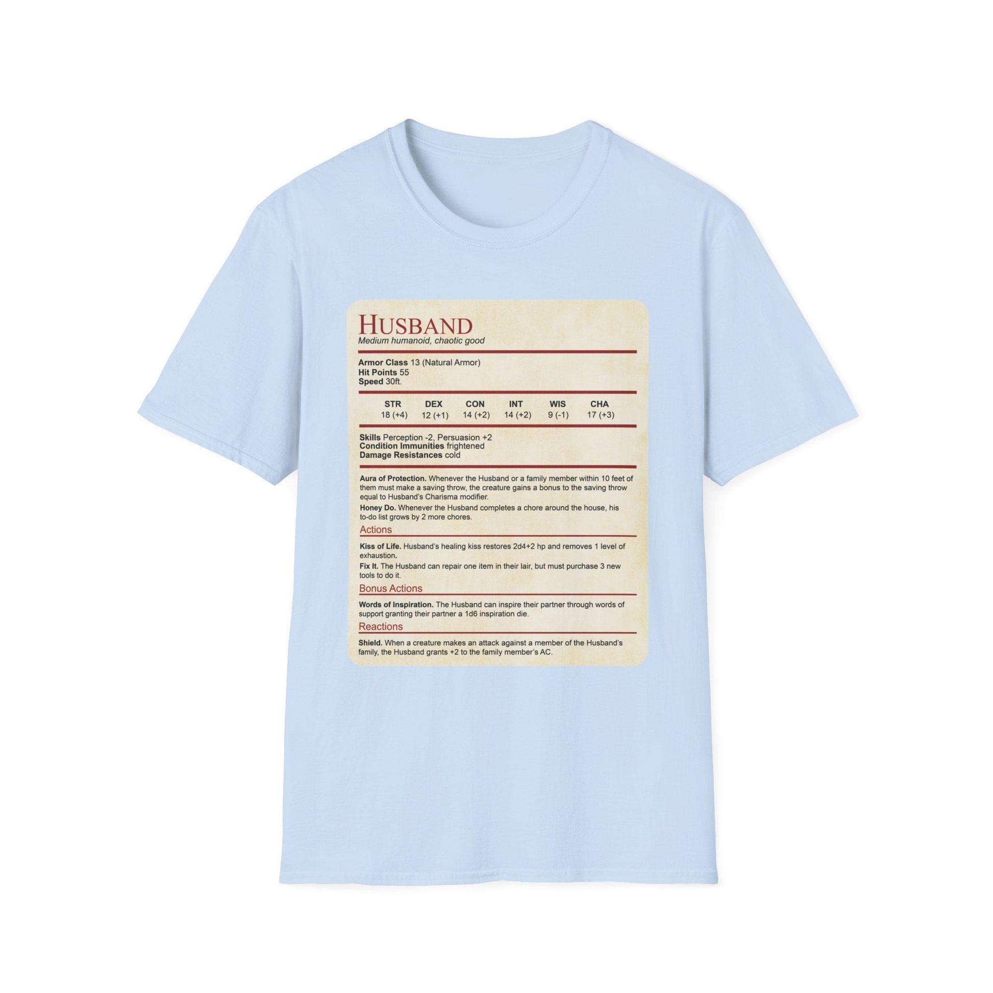 Printify T-Shirt Light Blue / S DnD Husband Stat Block T-Shirt