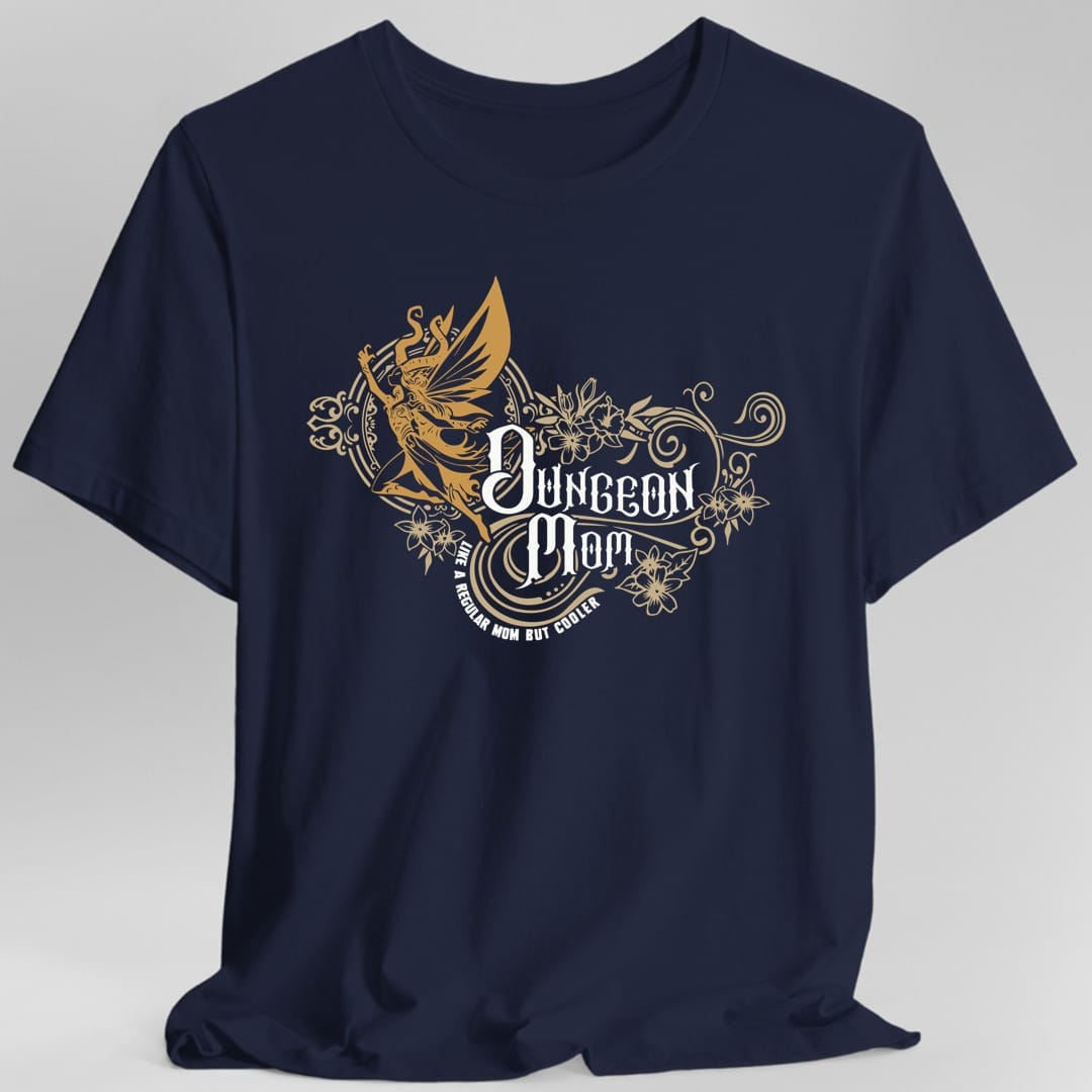The same Dungeon Mom design, on a navy t-shirt.