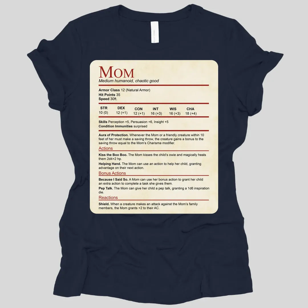 Printify T-Shirt Navy / S DnD Mom Stat Block Women's T-Shirt
