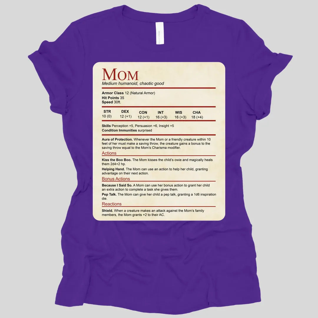 Printify T-Shirt Team Purple / S DnD Mom Stat Block Women's T-Shirt