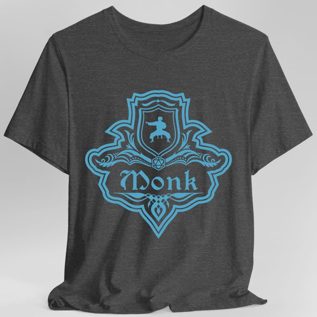 The same Monk one-color emblem design, on a dark heather t-shirt.