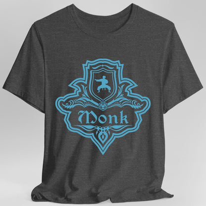 The same Monk one-color emblem design, on a dark heather t-shirt.