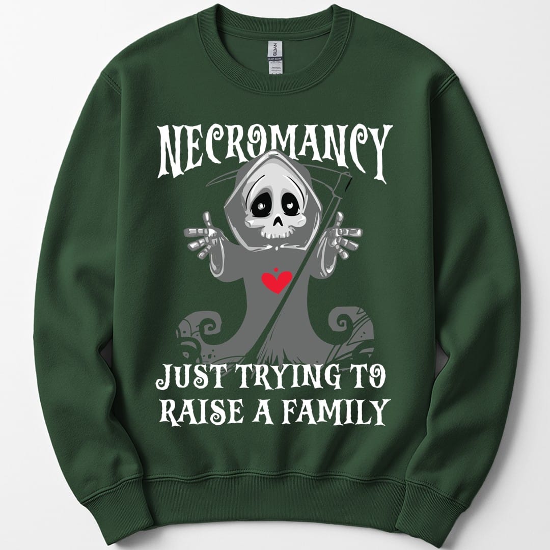 The same Necromancy reaper design, on a forest green sweatshirt.