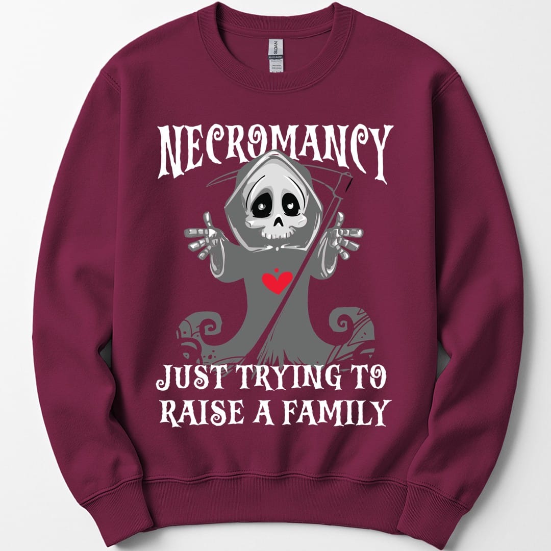 The same Necromancy reaper design, on a maroon sweatshirt.