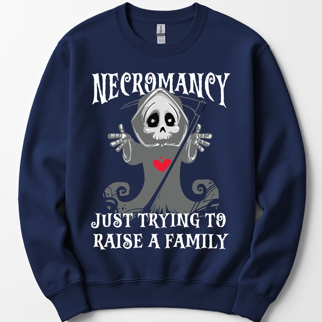 The same Necromancy reaper design, on a navy sweatshirt.